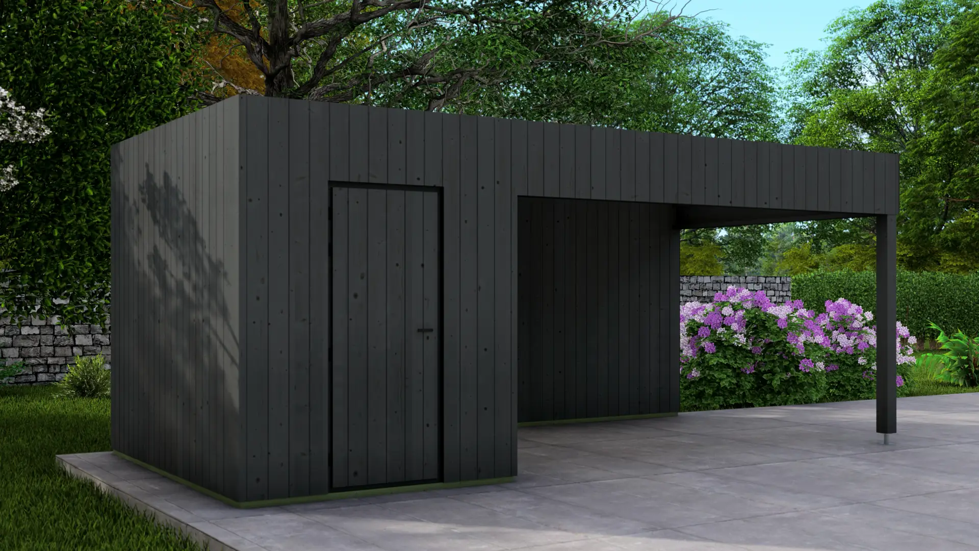 Frame Cabin 2x3 + Canopy 4x3 - Dark Gray Wooden Structure with Shed and Carport Frame Cabin 2x3 + Canopy 4x3 modern dark gray wooden structure with shed section and open-sided carport in outdoor setting