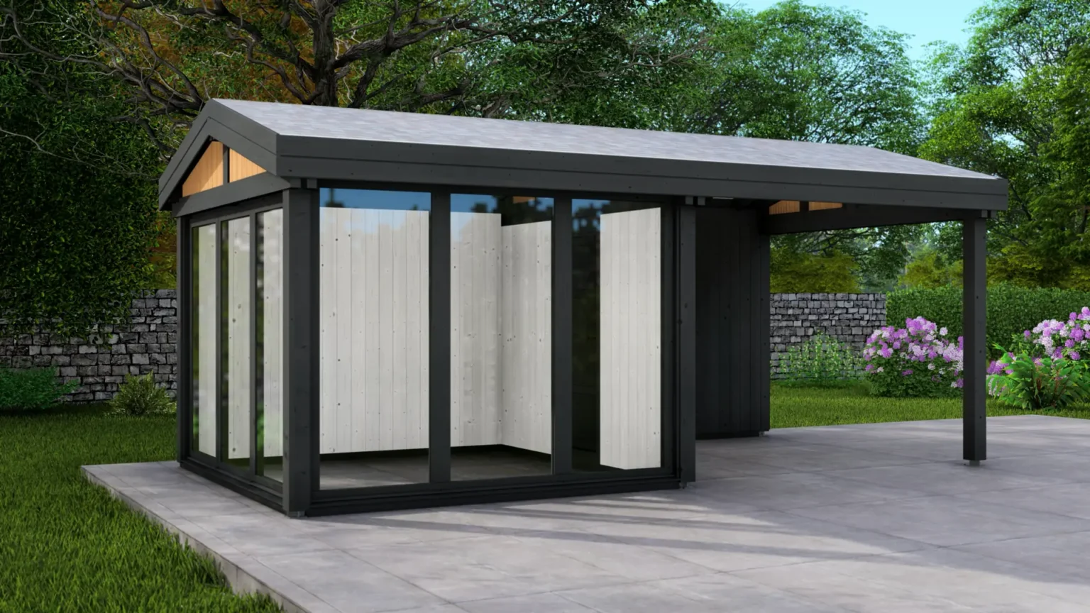 Faxwerk Cabin 328x642 modern garden cabin with dark-framed structure, large glass panels, and light-colored wooden interior panels